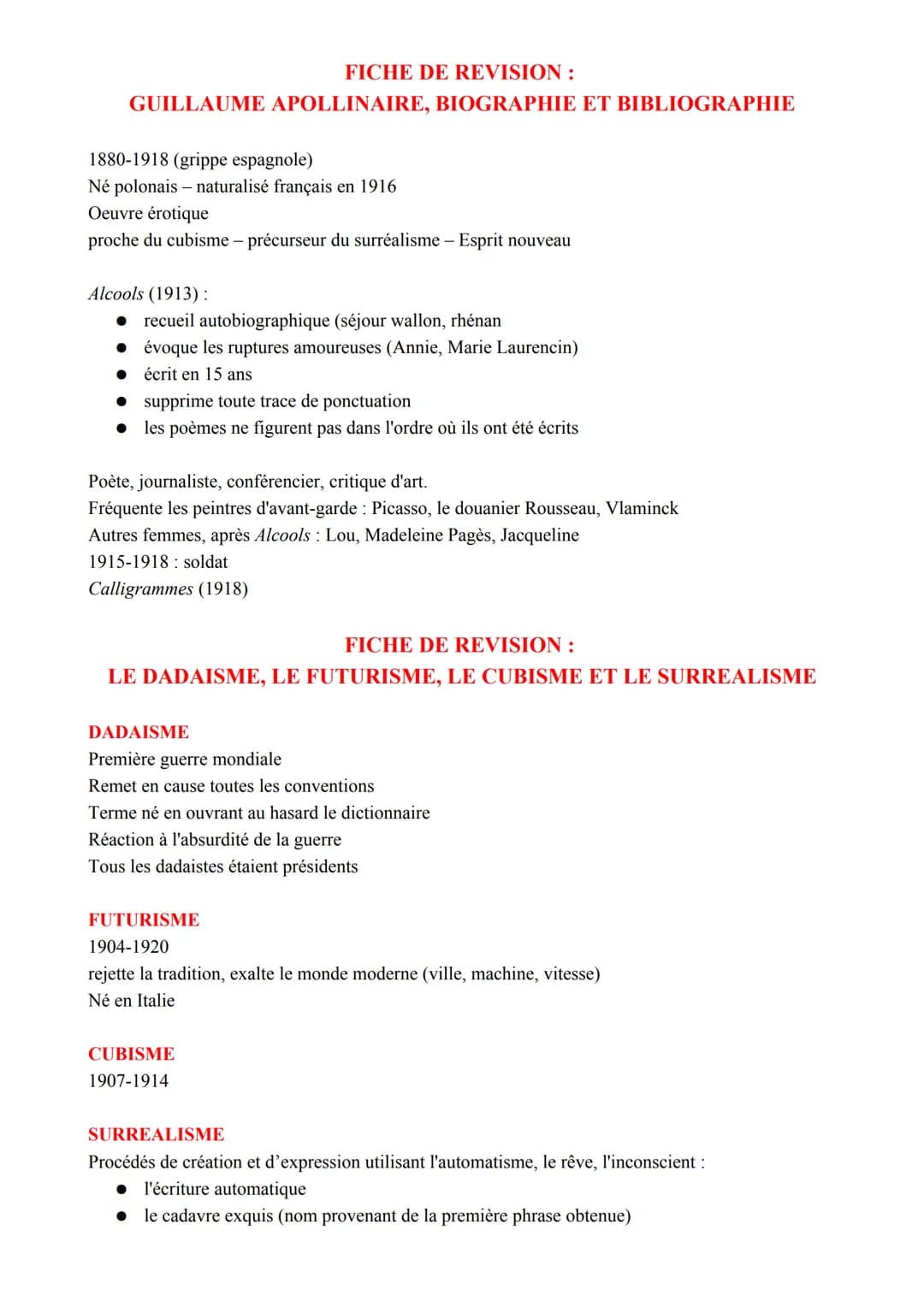 FICHE DE REVISION :
GUILLAUME APOLLINAIRE, BIOGRAPHIE ET BIBLIOGRAPHIE
1880-1918 (grippe espagnole)
Né polonais - naturalisé français en 191