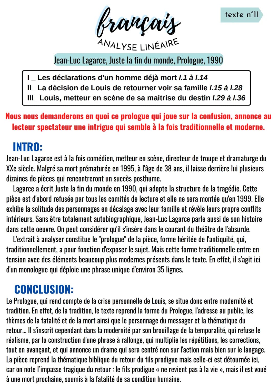 français
ANALYSE LINÉAIRE
Jean-Luc Lagarce, Juste la fin du monde, Prologue, 1990
Les déclarations d'un homme déjà mort 1.1 à l.14
II_ La dé