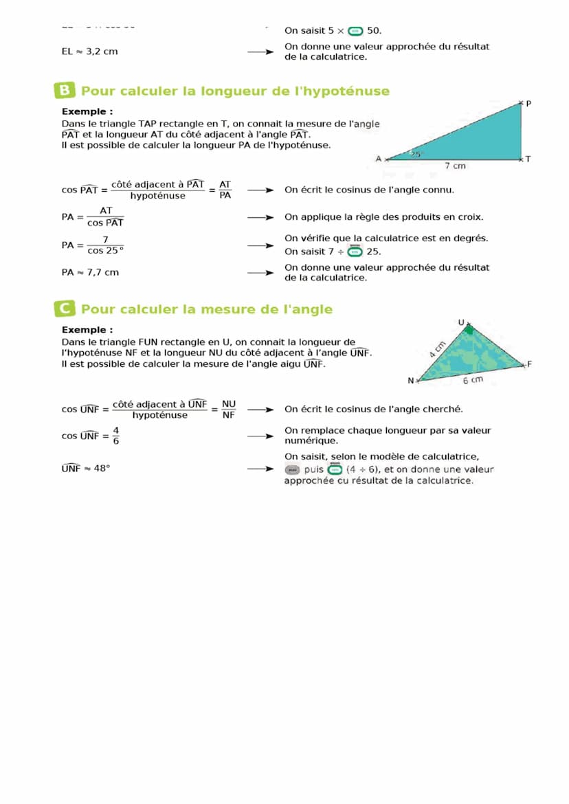 1 Vocabulaire
2
Définition Dans un triangle rectangle, le côté adjacent à un angle aigu
est le côté reliant le sommet de l'angle droit au so