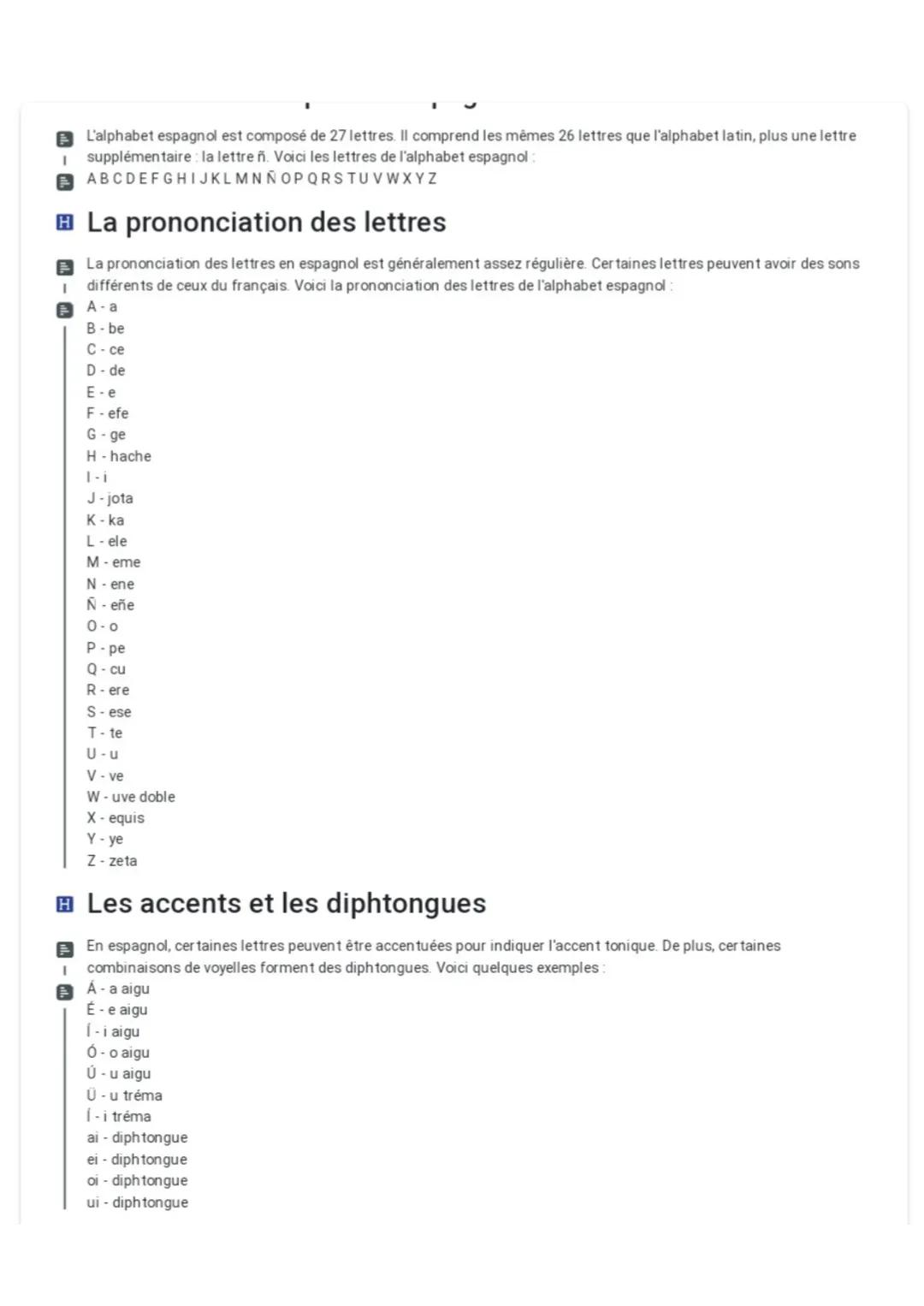 I
L'alphabet espagnol est composé de 27 lettres. Il comprend les mêmes 26 lettres que l'alphabet latin, plus une lettre
supplémentaire : la 