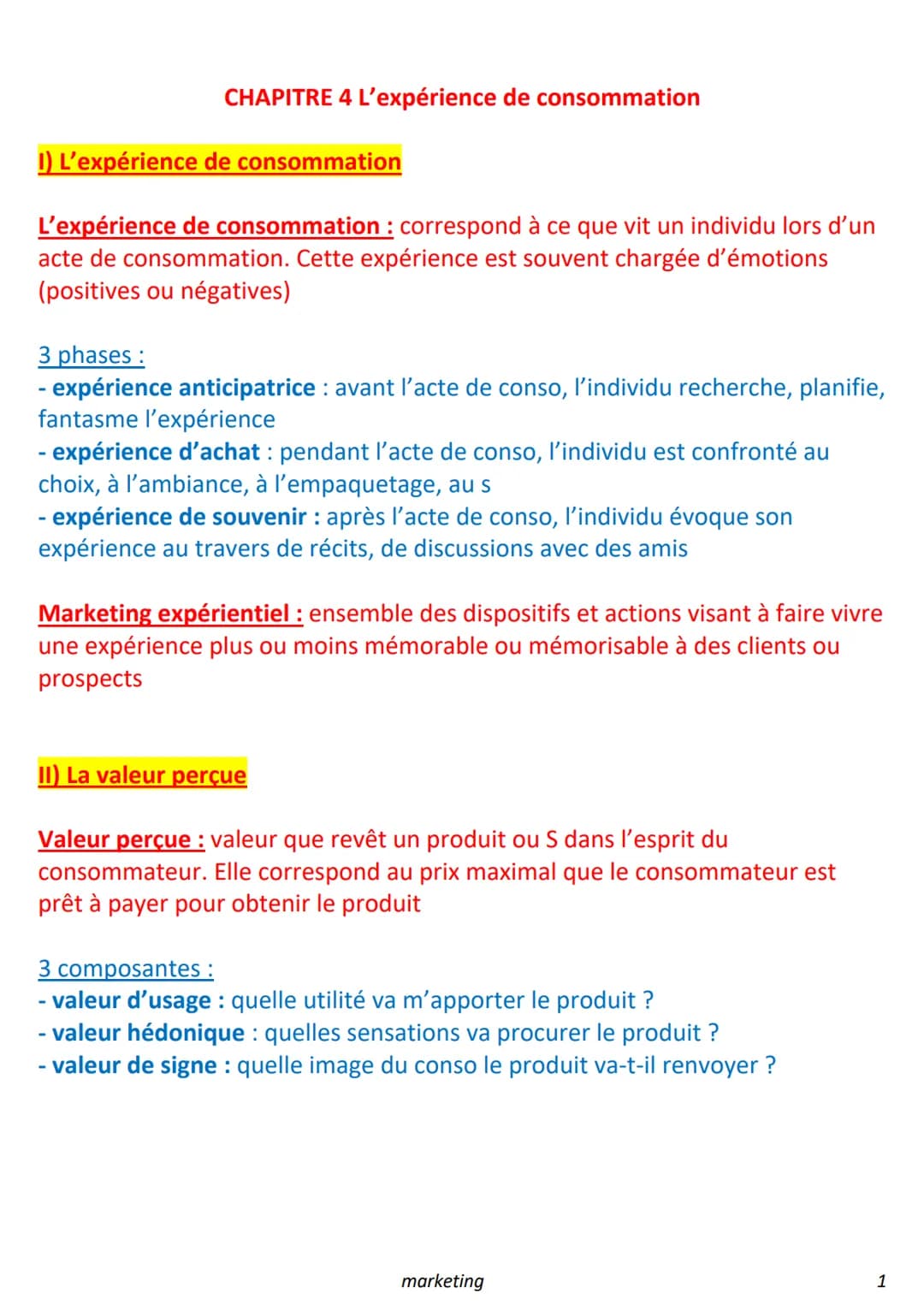 CHAPITRE 4 L'expérience de consommation
I) L'expérience de consommation
L'expérience de consommation : correspond à ce que vit un individu l