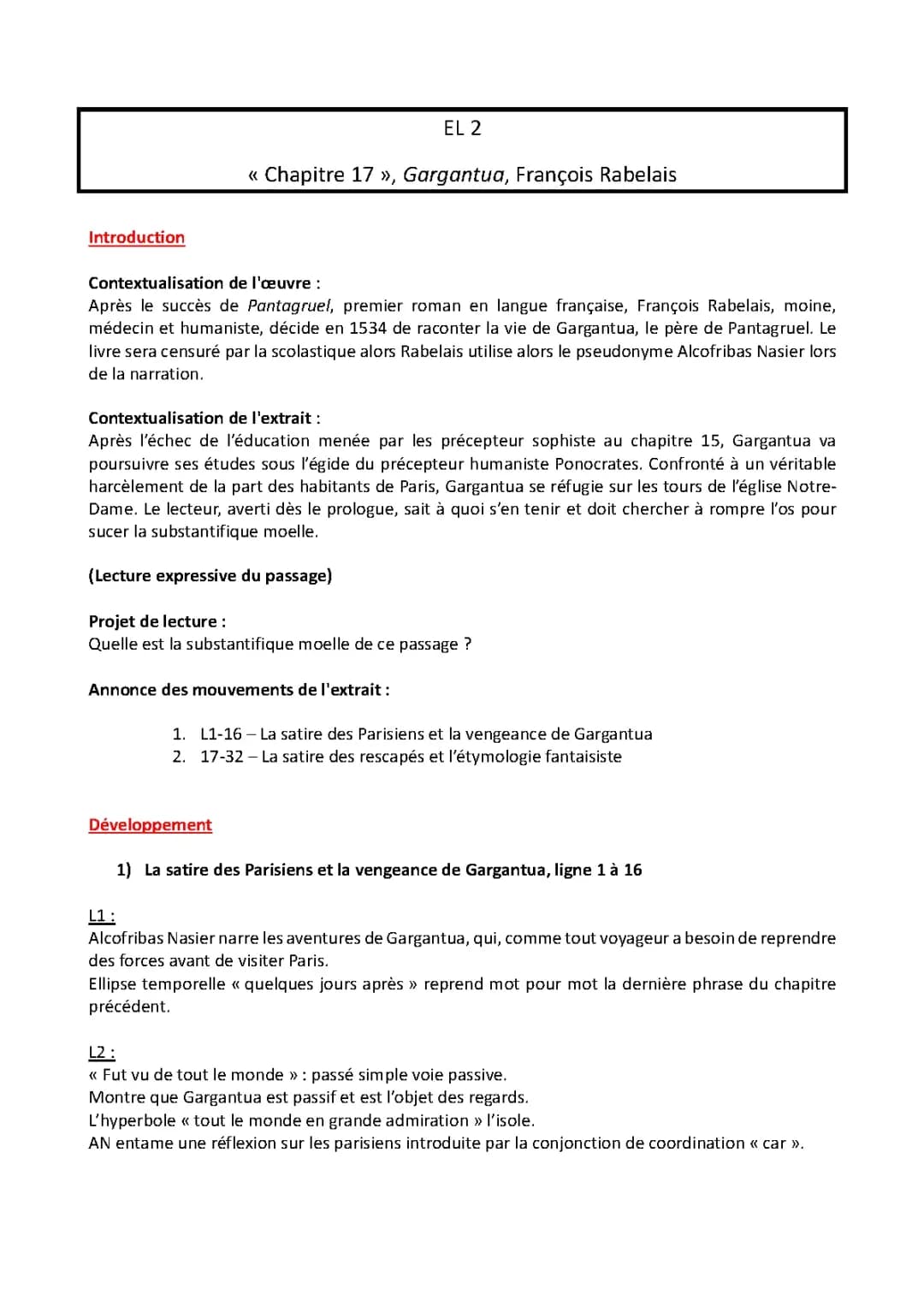 Chapitre 17 Gargantua Texte PDF et Analyse Linéaire - Rabelais