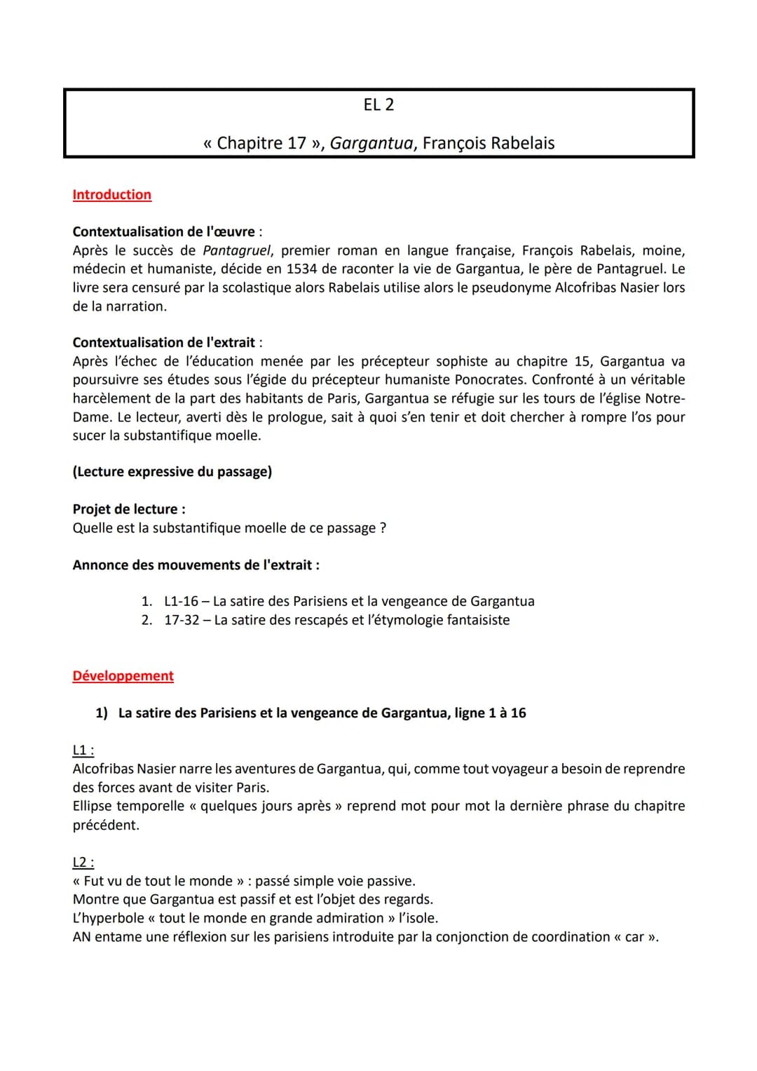 Introduction
EL 2
<< Chapitre 17 », Gargantua, François Rabelais
Contextualisation
de l'œuvre :
Après le succès de Pantagruel, premier roman