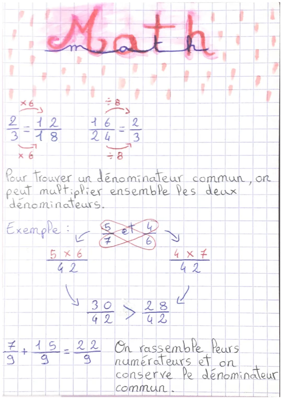 2/3
×6
12
3-18
g
Math
+
d
x6
Pour trouver un dénominateur commun, on
peut multiplier ensemble les deux
dénominateurs.
Exemple
15
g
5
5x6
16
