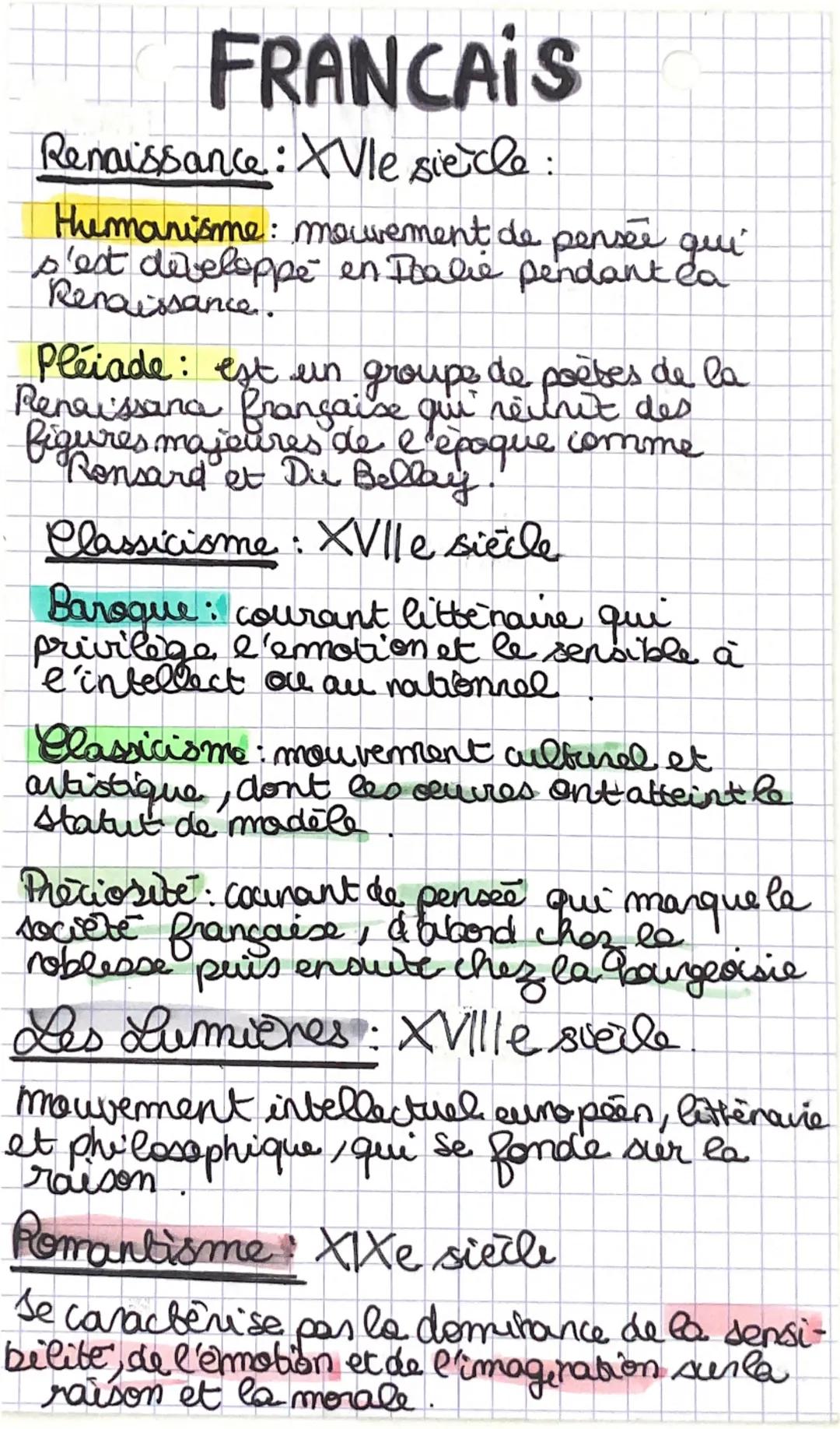 FRANCAIS

Renaissance: XVIe siècle :

Humanisme: movement de pensée qui
s'est developpe en Doalie pendant ca
Renaissance.

Pléiade: est un g