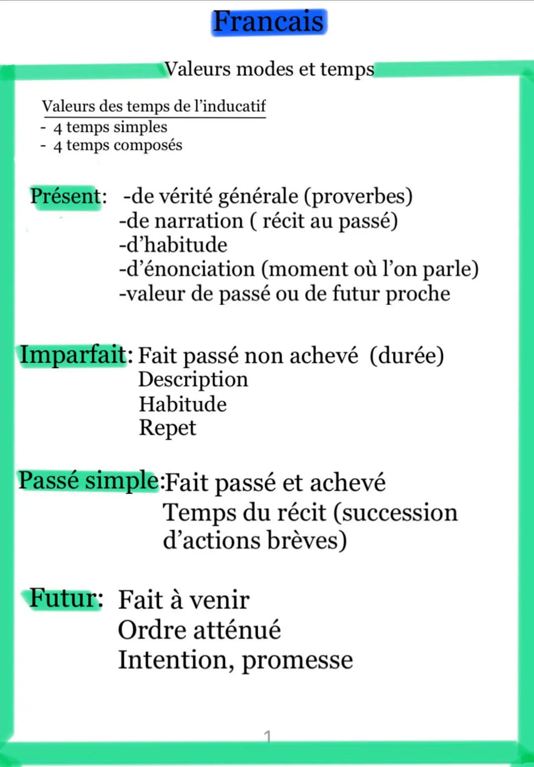 Francais
Valeurs modes et temps
Valeurs des temps de l'inducatif
- 4 temps simples
4 temps composés
Présent: -de vérité générale (proverbes)