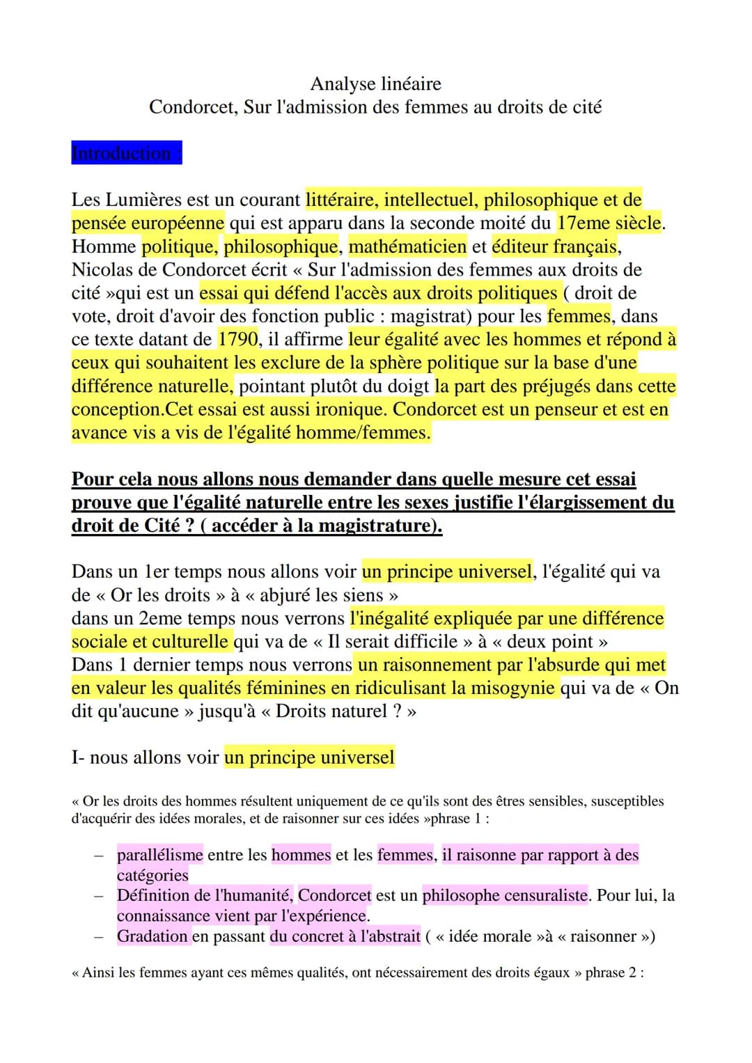 Analyse linéaire
Condorcet, Sur l'admission des femmes au droits de cité
Introduction
Les Lumières est un courant littéraire, intellectuel, 