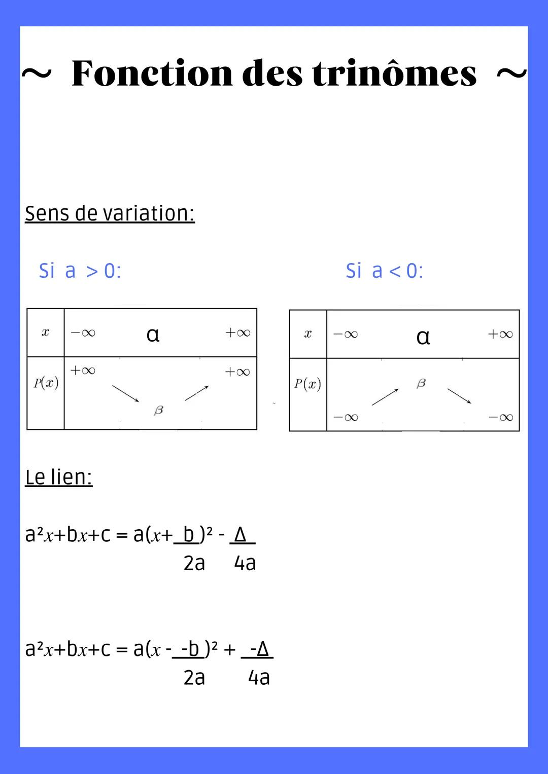 ~ Fonction des trinômes ~
Tout polynôme du second degrès peut s'ecrire sous
la forme canonique a(x-a ) 2 + B
f(x) = x²
m(x) = (x-4)²
n(x) = 