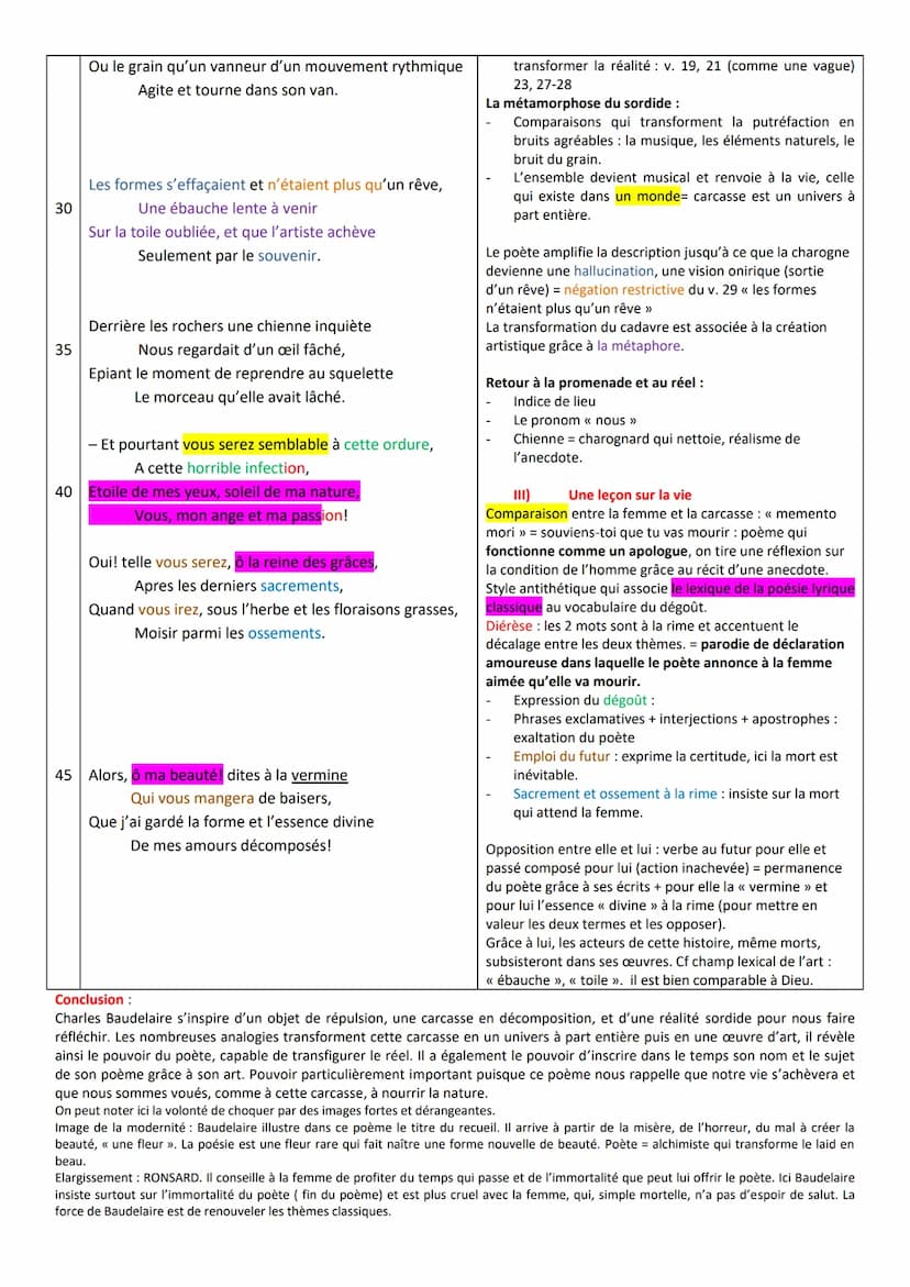 POEME 2:
Objectif : étudier comment le poète extrait la beauté de la laideur.
Introduction : « Une charogne » est le 27ème poème de la secti
