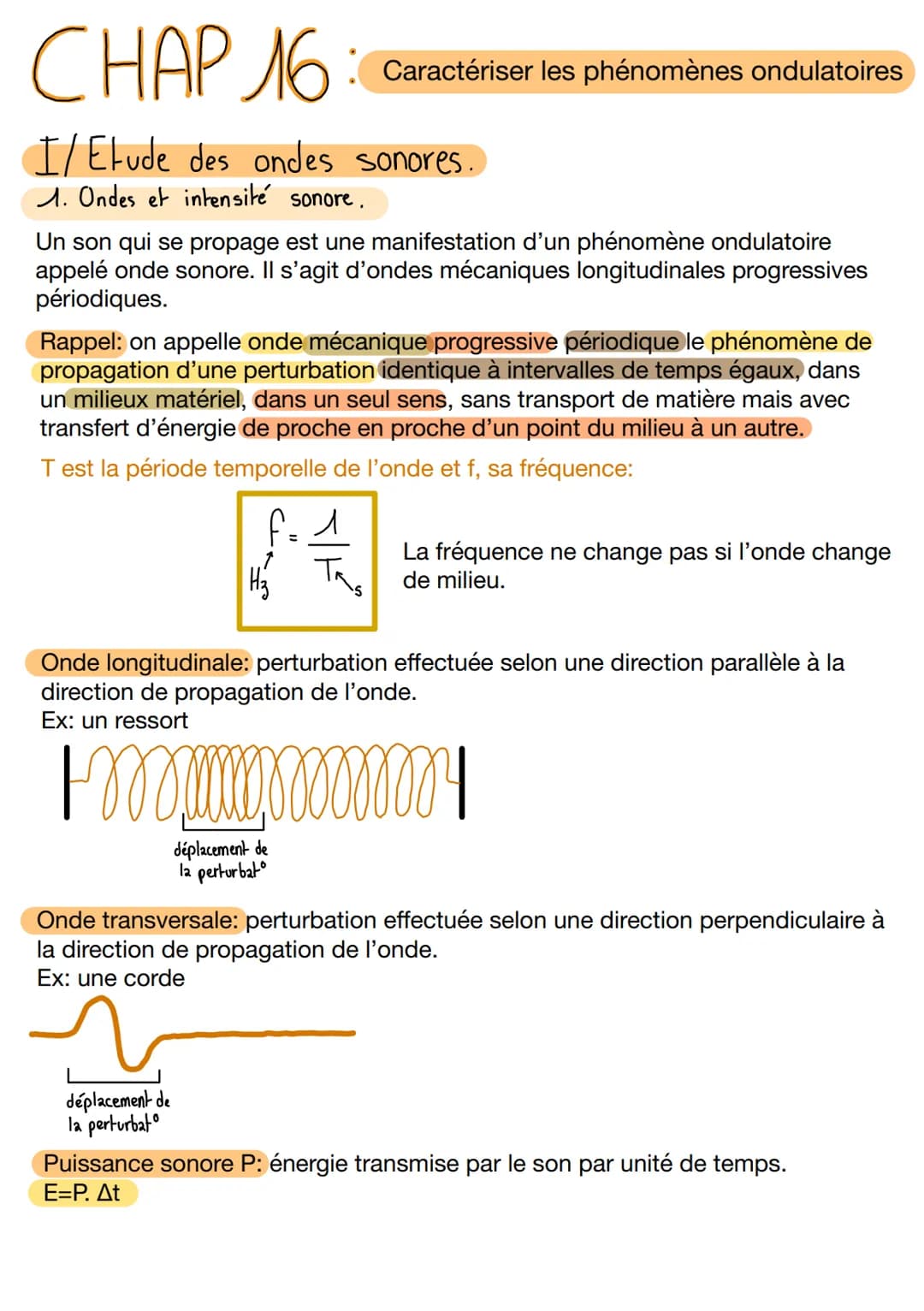 CHAP 16 Caractériser les phénomènes
I/Etude des ondes sonores.
1. Ondes et intensité sonore.
Un son qui se propage est une manifestation d'u