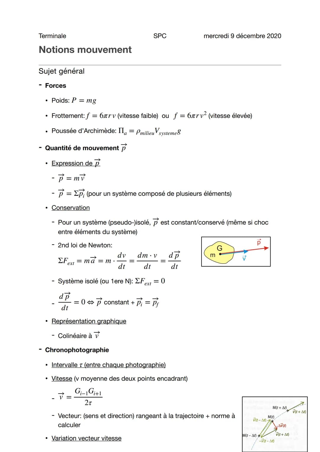 Terminale
Notions mouvement
Sujet général
Forces
• Poids: P
●
●
Frottement: f = 6лrv (vitesse faible) ou f = 6rv² (vitesse élevée)
• Poussée