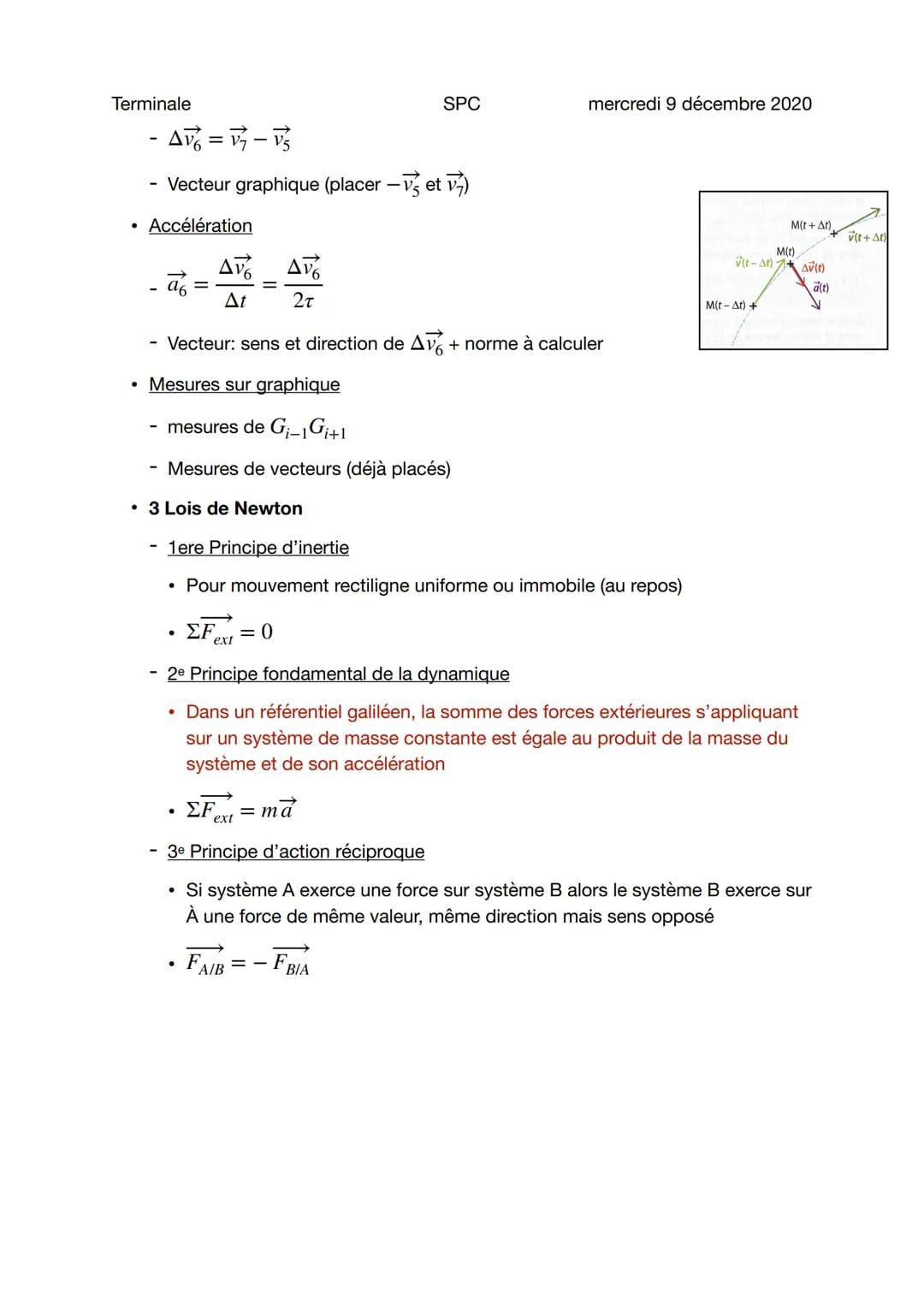 Terminale
Notions mouvement
Sujet général
Forces
• Poids: P
●
●
Frottement: f = 6лrv (vitesse faible) ou f = 6rv² (vitesse élevée)
• Poussée