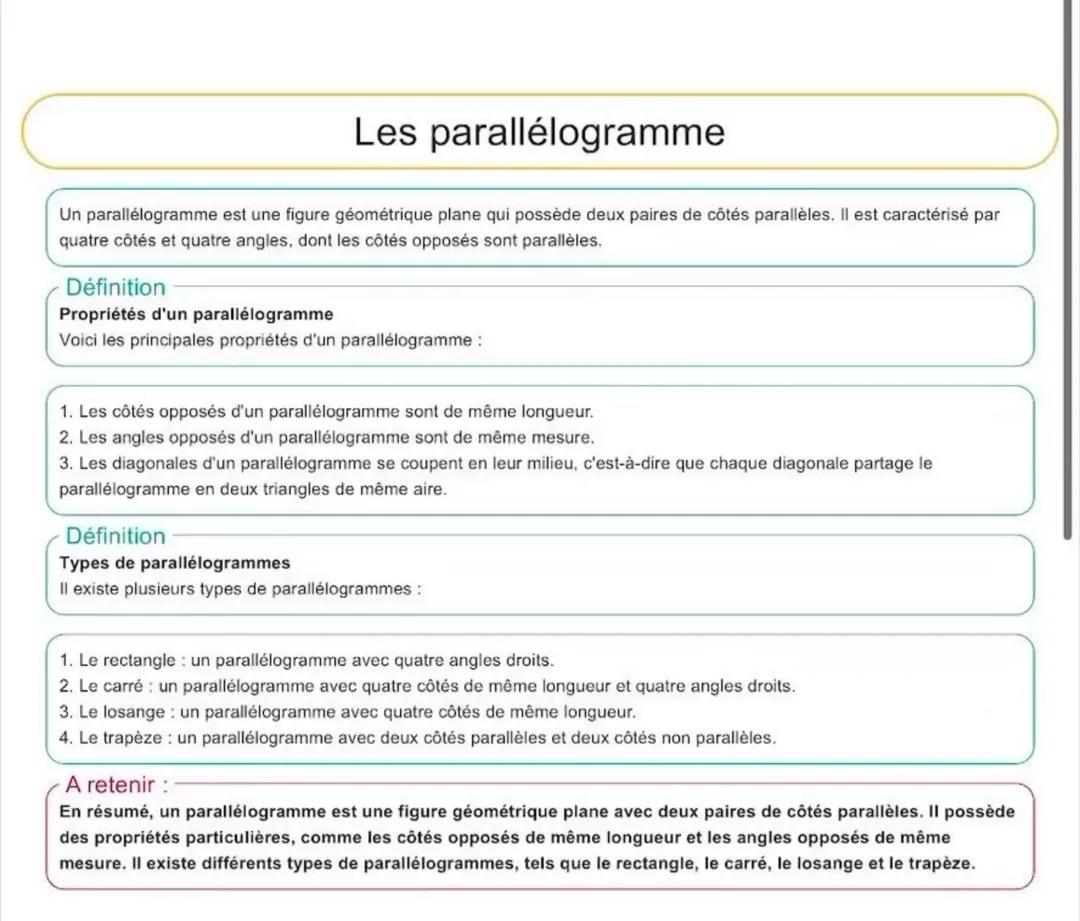 Les propriétés et types de parallélogrammes