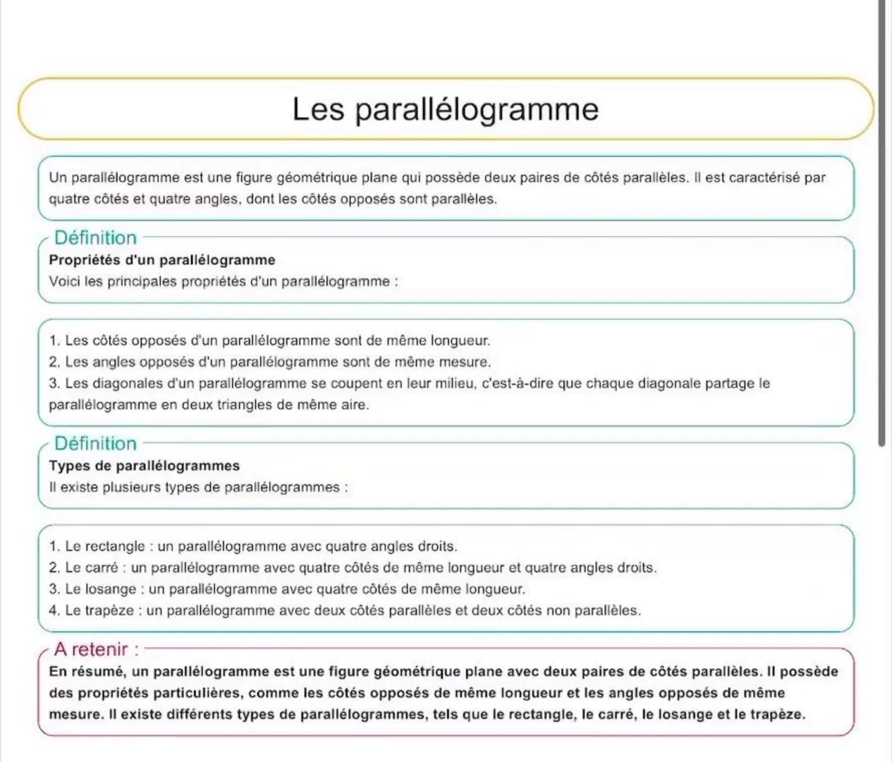 Les parallélogramme
Un parallelogramme est une figure géométrique plane qui possède deux paires de côtés parallèles. Il est caractérisé par
