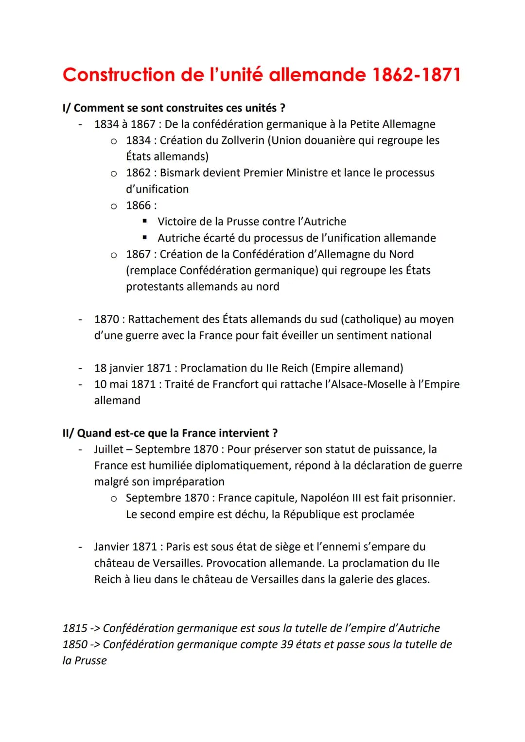 Construction de l'unité allemande 1862-1871
1/ Comment se sont construites ces unités ?
1834 à 1867: De la confédération germanique à la Pet
