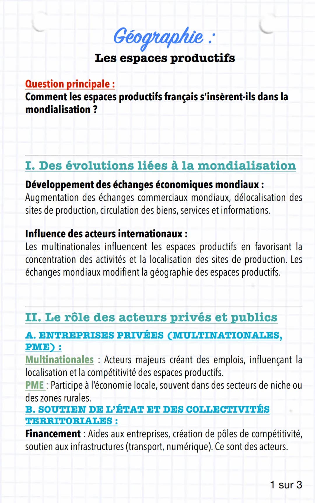 Géographie:
Les espaces productifs
Question principale :
Comment les espaces productifs français s'insèrent-ils dans la
mondialisation?
I. D