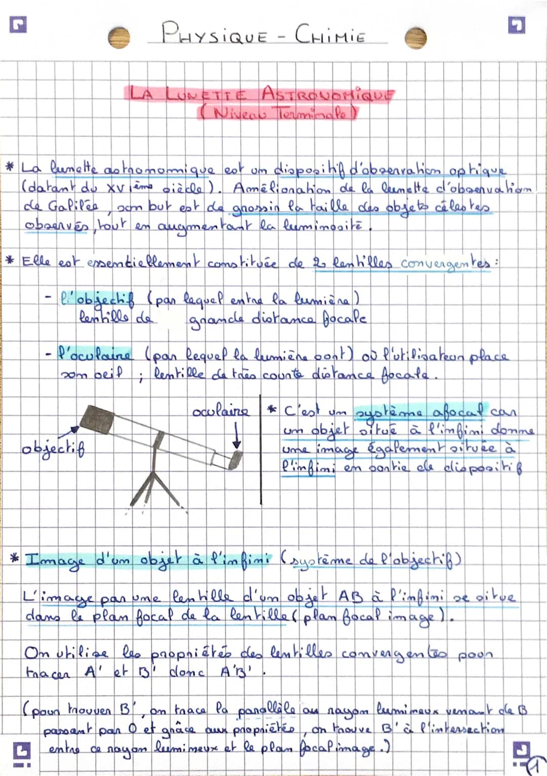 L
*La lunette astronomique est un dispositif d'observation optique
(datant du XVIème siècle). Amélioration de la lunette d'observation
de Ga