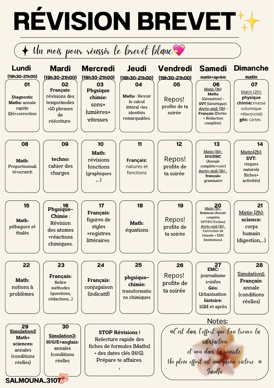 # RÉVISION BREVET

+ Un mois pour réussir le brevet blanc

Lundi Mardi Mercredi Jeudi Vendredi Samedi Dimanche

(19h30-21h00) (19h30-21h00) 