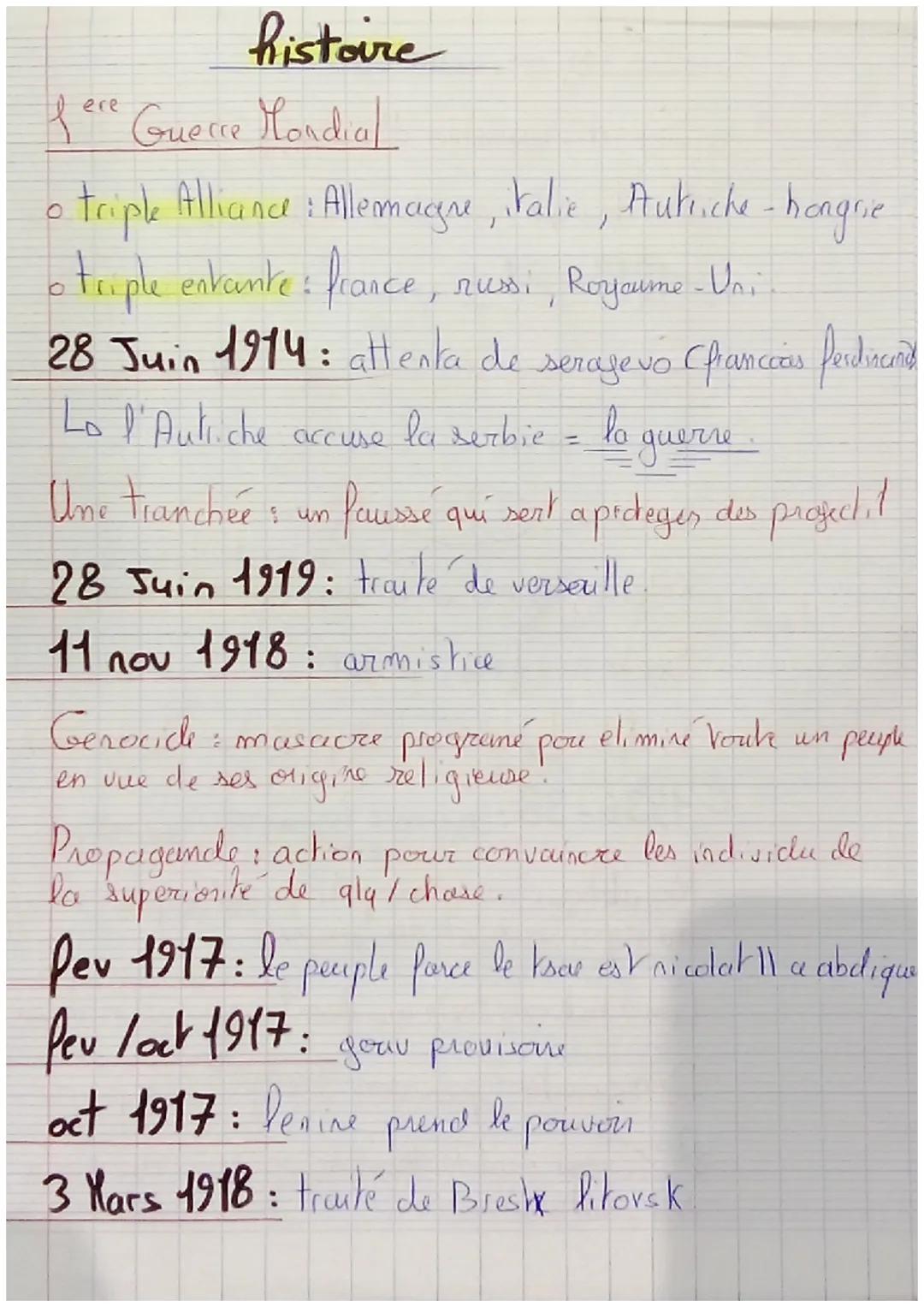 histoire
fere Guerre Mondial
O
triple Alliance : Allemagne, italie Autriche - hongrie
。 triple enkante : france
ice, russi Royaume-Uni
28 Ju