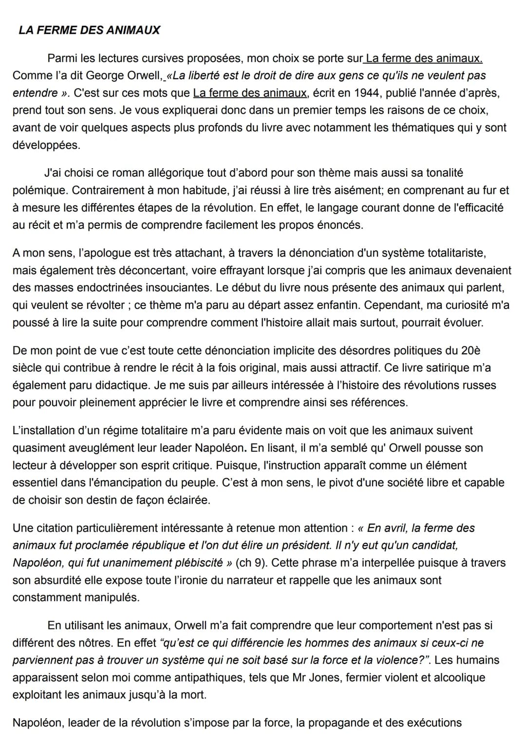 LA FERME DES ANIMAUX
Parmi les lectures cursives proposées, mon choix se porte sur La ferme des animaux.
Comme l'a dit George Orwell, <«<La 