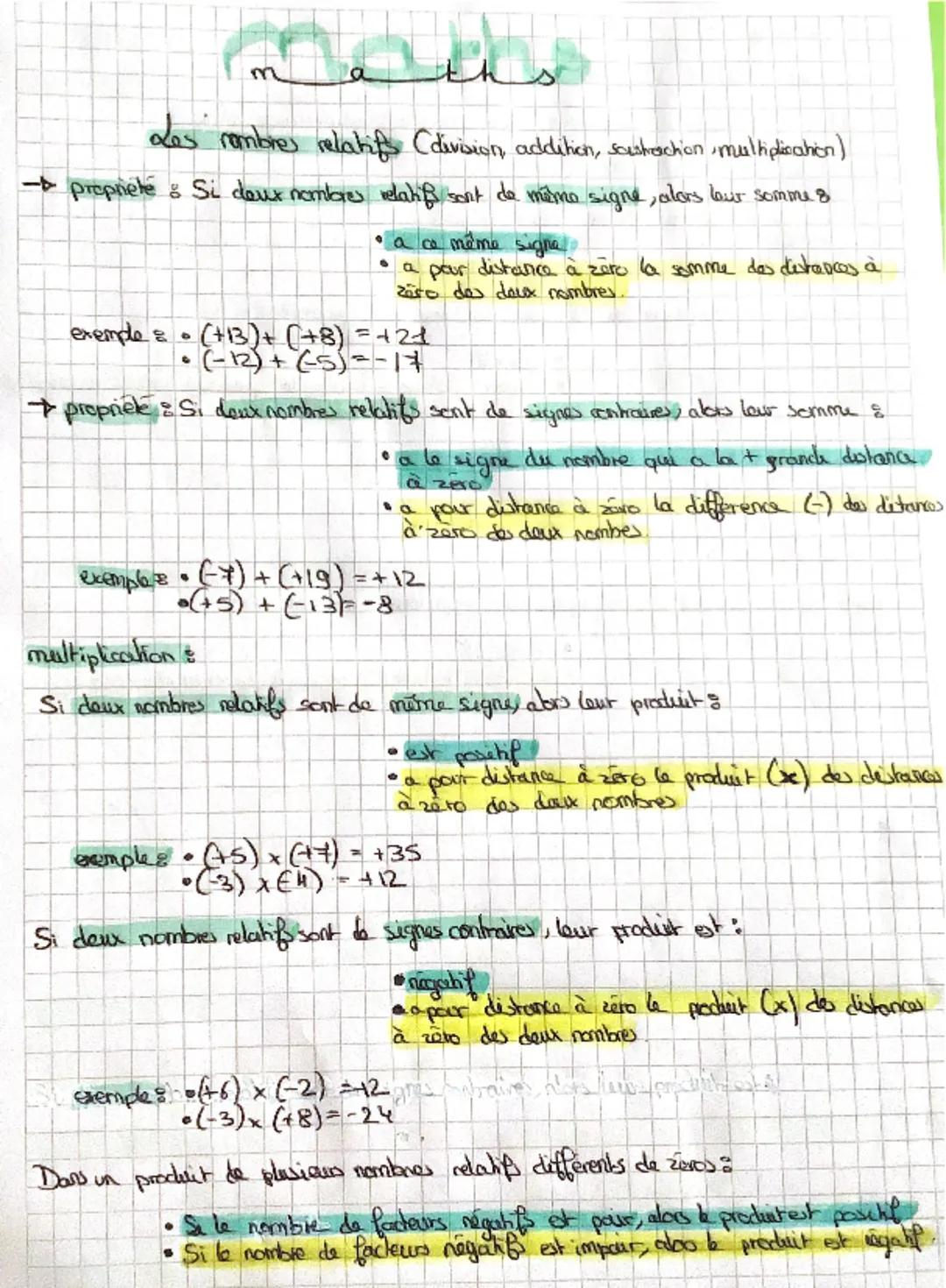 m
Les nombres relatifs (division, addition, sashaction, multiplication)
- propriété : Si deux nombres relatifs sont de même signe, alors lou