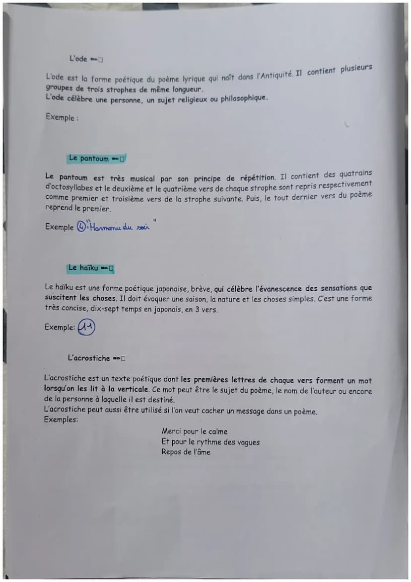 1re G1
Les formes poétiques
Fiche technique
I- Les formes fixes
La forme fixe est la forme de poème qui respecte les codes et les règles de 