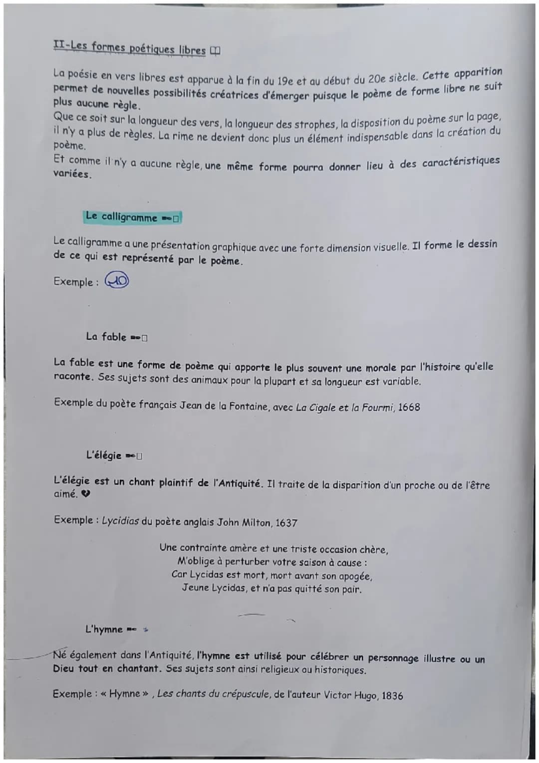1re G1
Les formes poétiques
Fiche technique
I- Les formes fixes
La forme fixe est la forme de poème qui respecte les codes et les règles de 