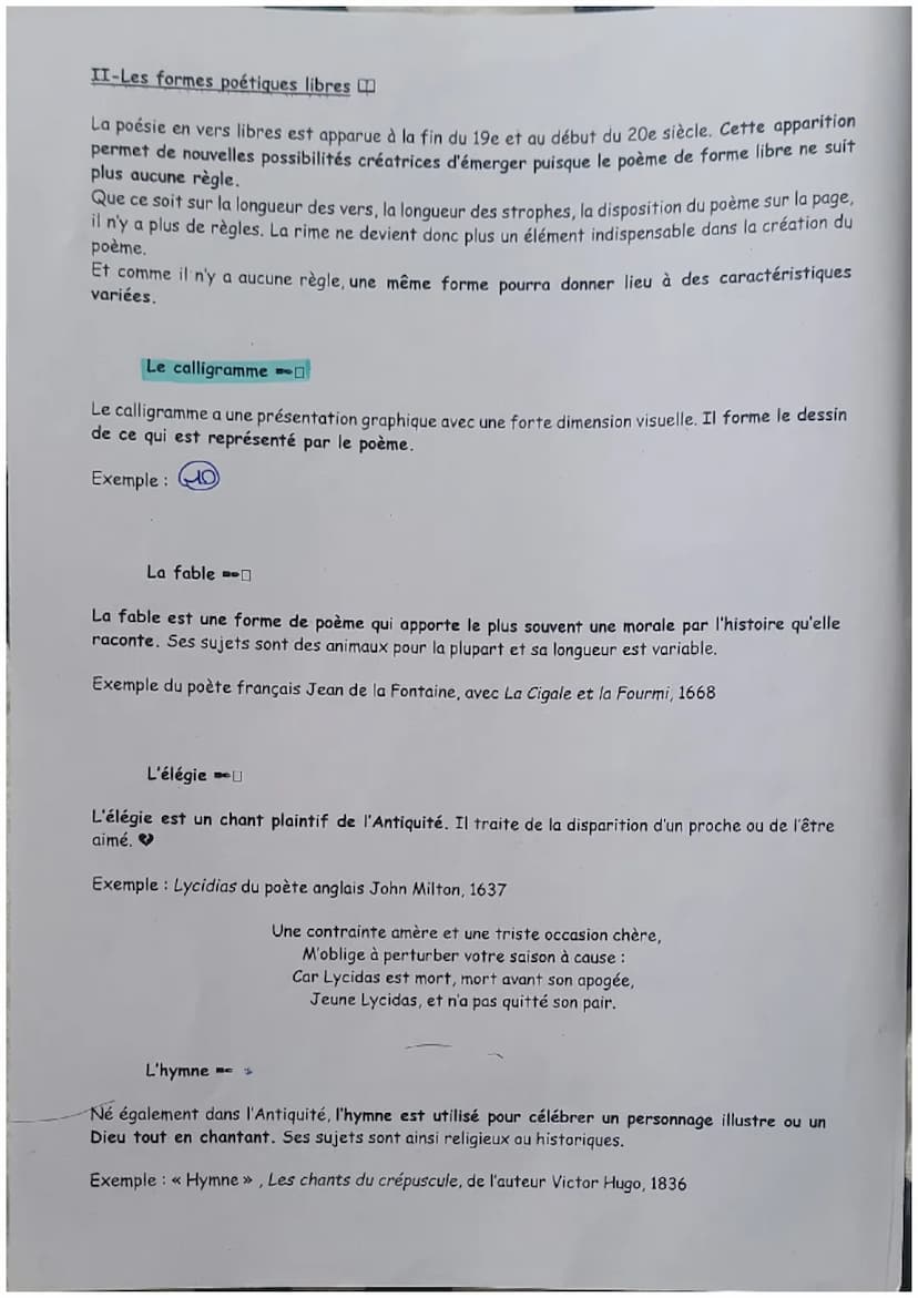 1re G1
Les formes poétiques
Fiche technique
I- Les formes fixes
La forme fixe est la forme de poème qui respecte les codes et les règles de 
