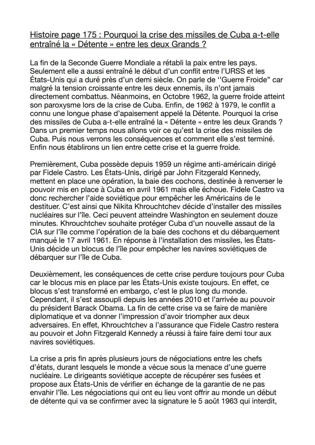 Histoire page 175 : Pourquoi la crise des missiles de Cuba a-t-elle
entraîné la « Détente » entre les deux Grands ?
La fin de la Seconde Gue