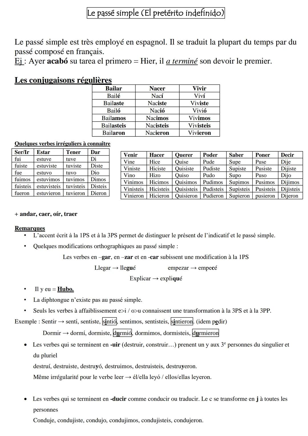 Le passé simple est très employé en espagnol. Il se traduit la plupart du temps par du
passé composé en français.
Ej: Ayer acabó su tarea el