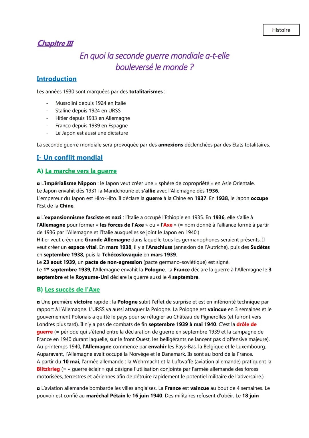 Chapitre III
En quoi la seconde guerre mondiale a-t-elle
bouleversé le monde ?
Introduction
Les années 1930 sont marquées par des totalitari