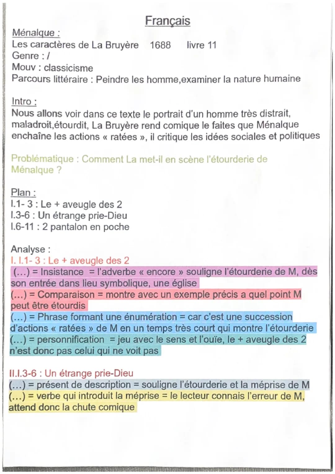 Français
Ménalque :
Les caractères de La Bruyère 1688 livre 11
Genre :/
Mouv: classicisme
Parcours littéraire : Peindre les homme,examiner l