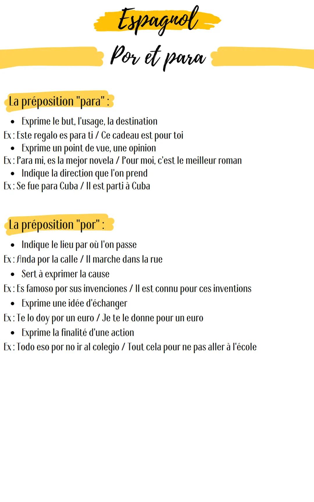 La préposition "para":
Exprime le but, l'usage, la destination
Ex: Este regalo es para ti / Ce cadeau est pour toi
●
Exprime un point de vue