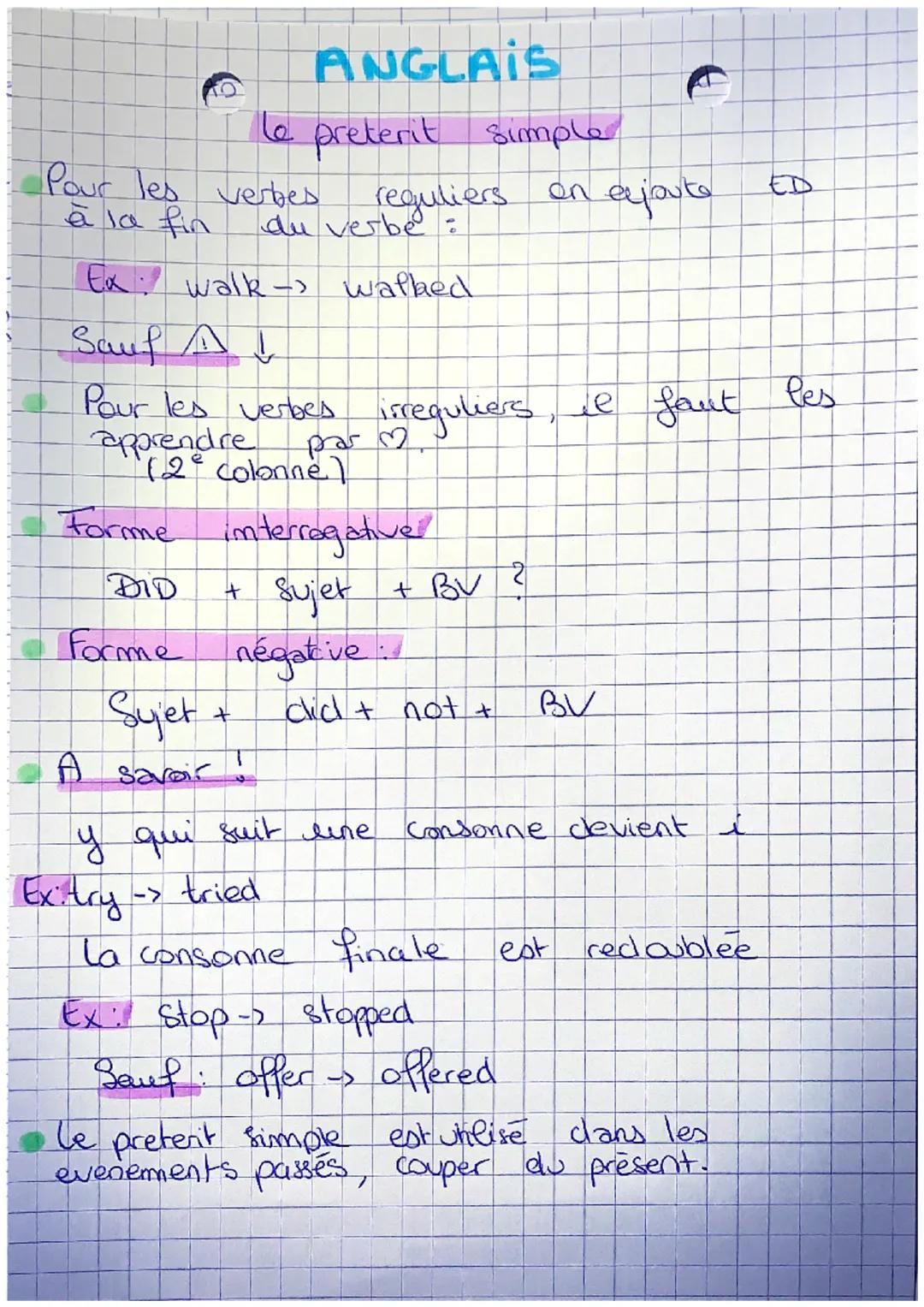 Pour les verbes
à la fin
du verbe:
Ex walk-> walked
Sauf A ↓
Pour les verbes
apprendre
(2° colonnel
Forme
DID
Forme
ANGLAIS
le preterit simp