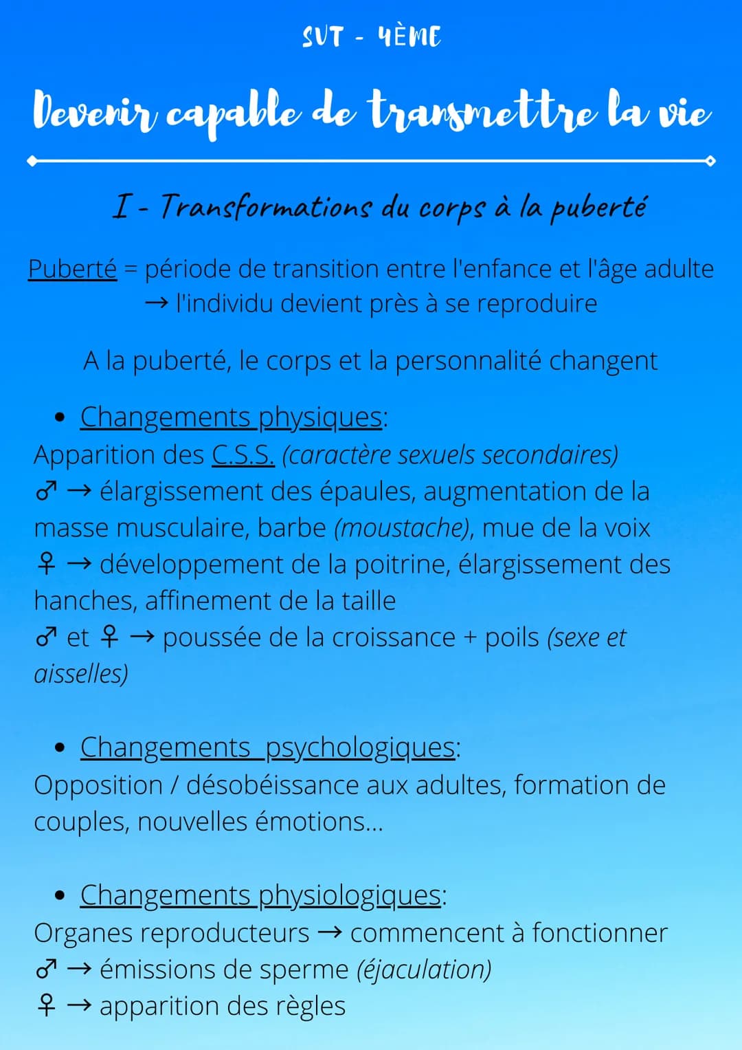SUT - 4ÈME
Devenir capable de transmettre la vie
I- Transformations du corps à la puberté
Puberté = période de transition entre l'enfance et