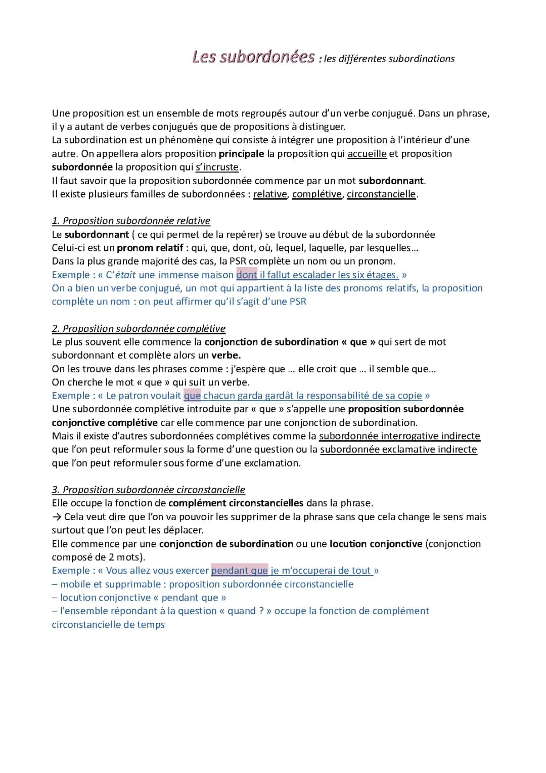 Les subordonnées: exemples et exercices
