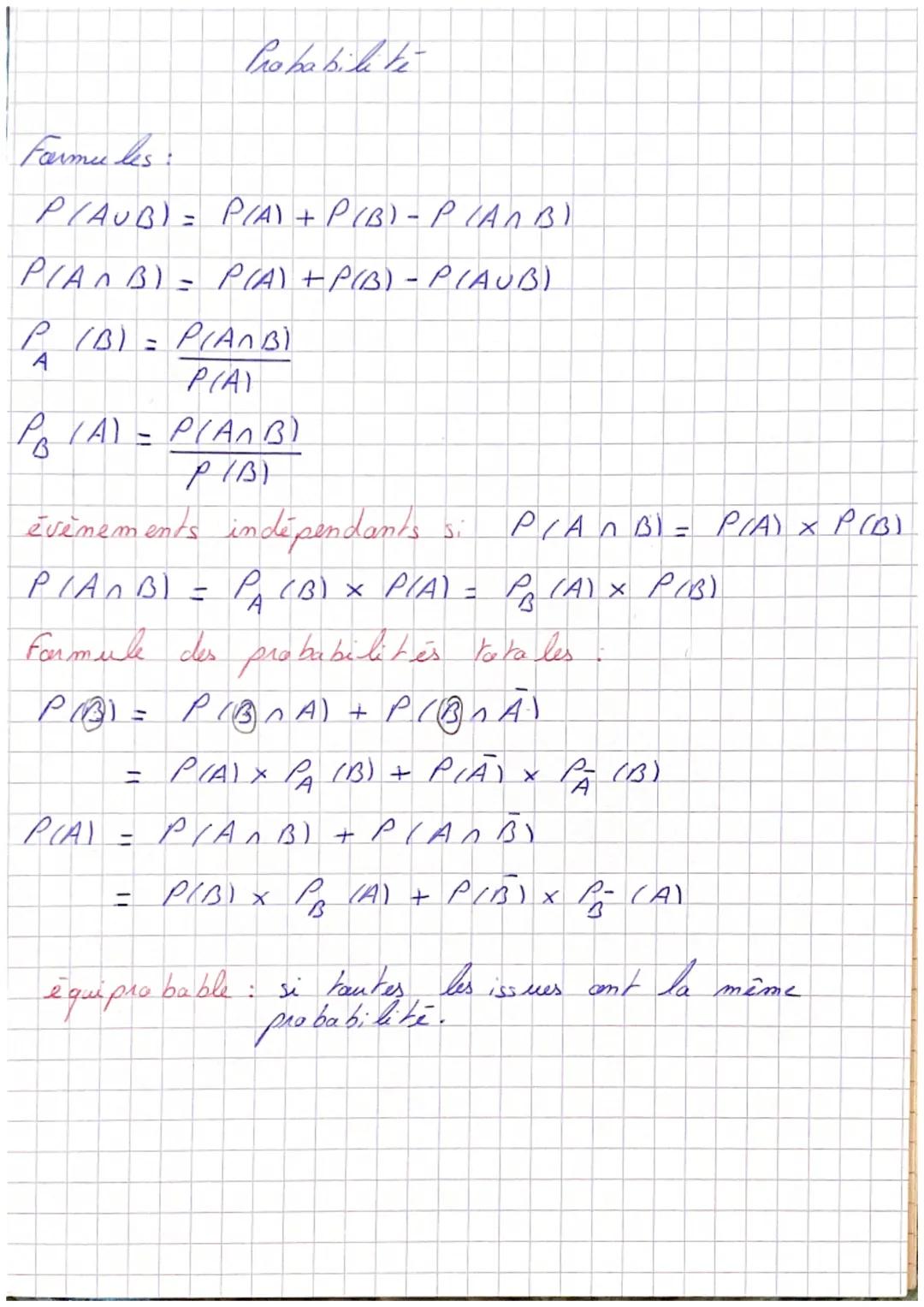 Formules:
P(AUB) = P/(A) + P(B) - P (ANB)
PLAN B) = P(A) + P(B) - P(AUB)
P (B) = P(ANB)
P(A)
PB (A) = P(ANB)
P/B)
événements indépendants
PL