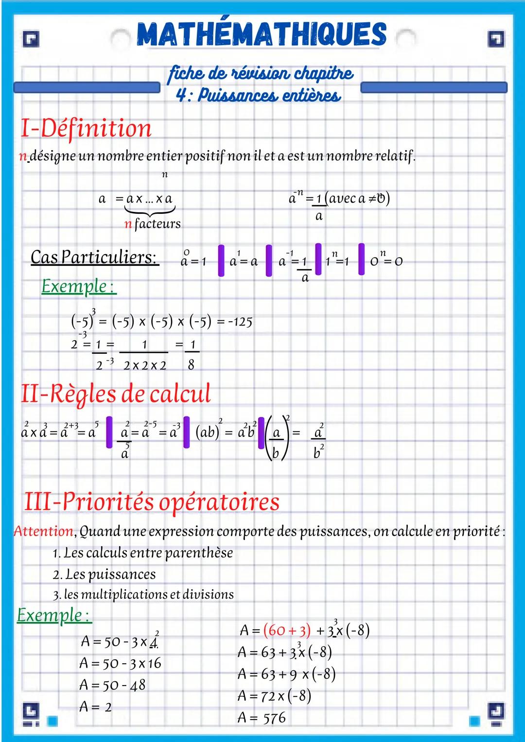G
I-Définition
n désigne un nombre entier positif non il et a est un nombre relatif.
n
MATHÉMATHIQUES
fiche de révision chapitre
4: Puissanc