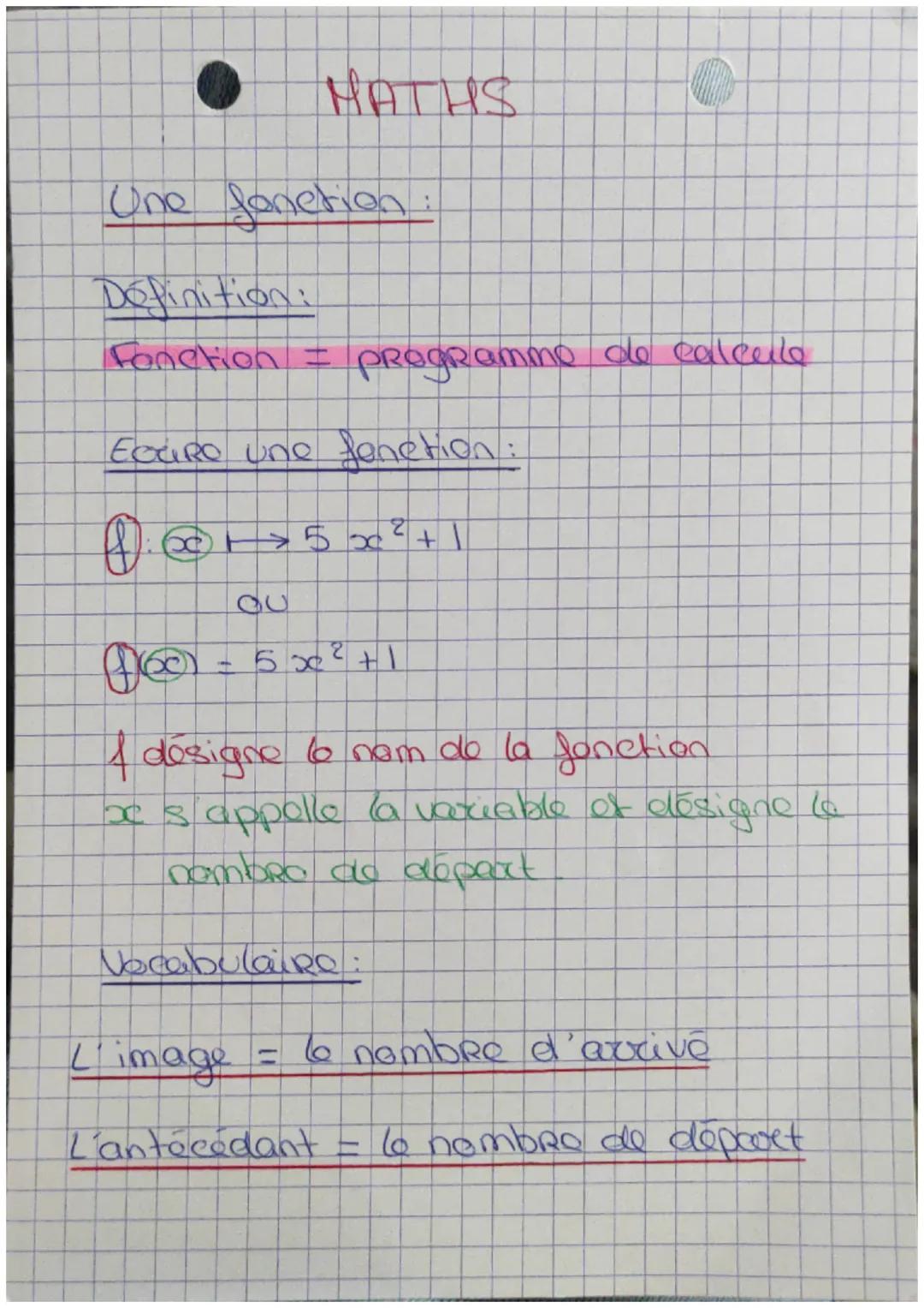 MATHS

Une fonction:

Définition:
Fonction = programme de calcule

Ecare une fenetion:
$f: x \longrightarrow 5 x^2 + 1$
ou
$f(x) = 5 x^2 + 1