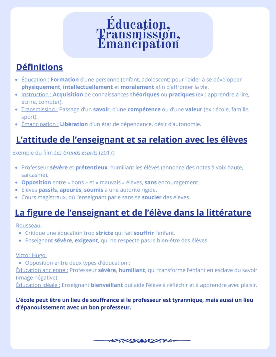 --- OCR Start ---
Éducation,
Transmission,
Emancipation
Définitions
• Éducation: Formation d'une personne (enfant, adolescent) pour l'aider 