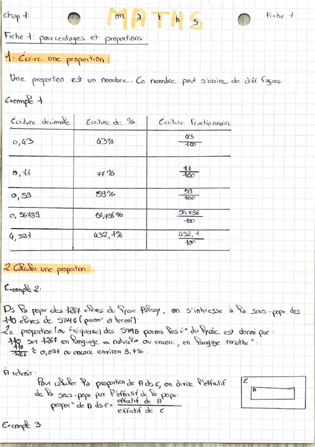 chap 1:
maths
Fiche t
S
Fiche 1: pourcentages et proportions:
1. Ectire une proportion
Une proportion est un nombre. Ce nombre peut s'écrire