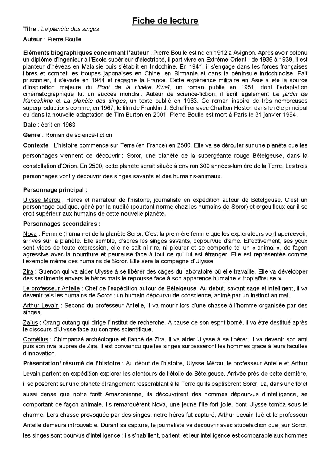 Résumé La Planète des Singes de Pierre Boulle : PDF et Analyse
