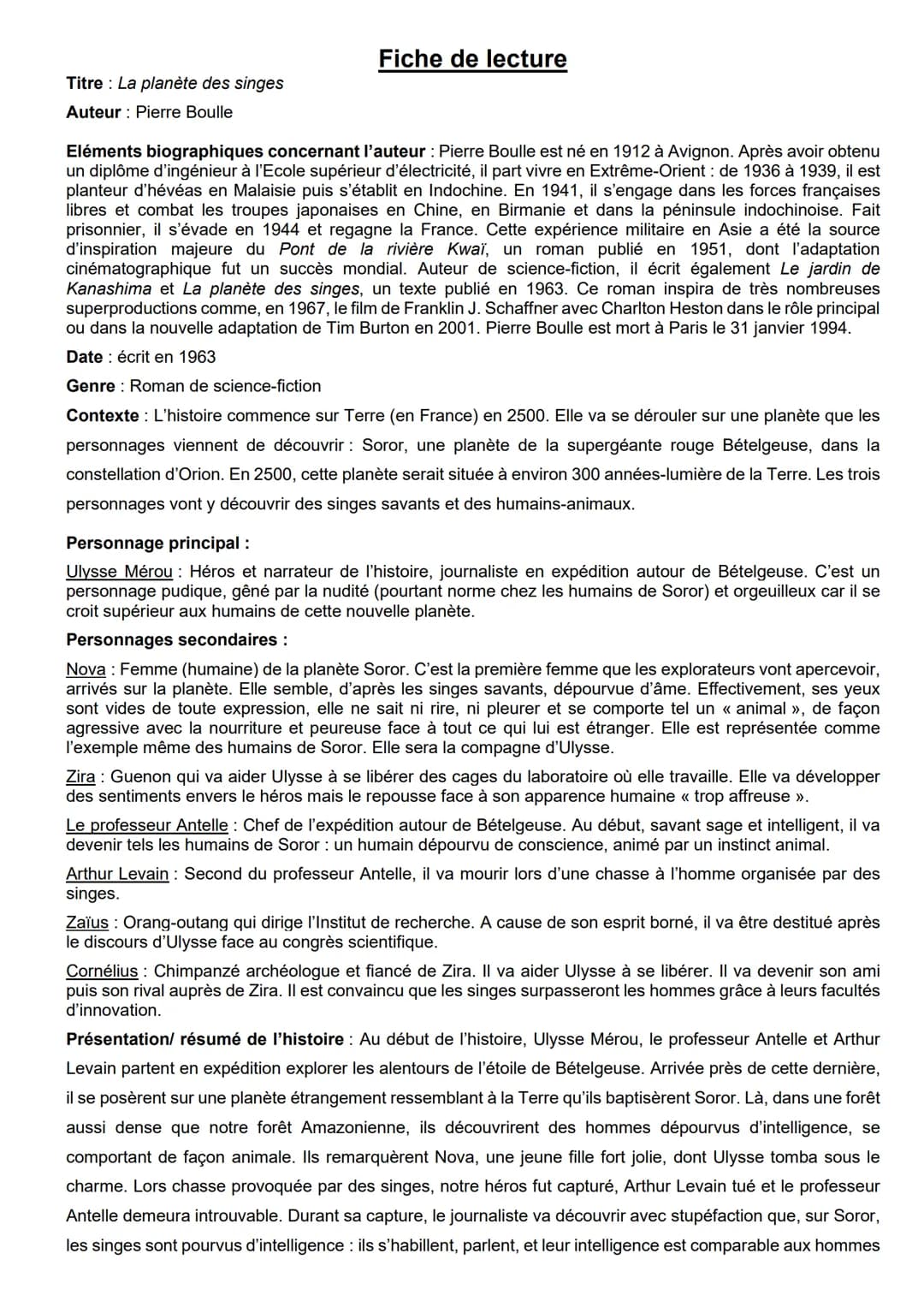 Titre : La planète des singes
Auteur : Pierre Boulle
Fiche de lecture
Eléments biographiques concernant l'auteur : Pierre Boulle est né en 1