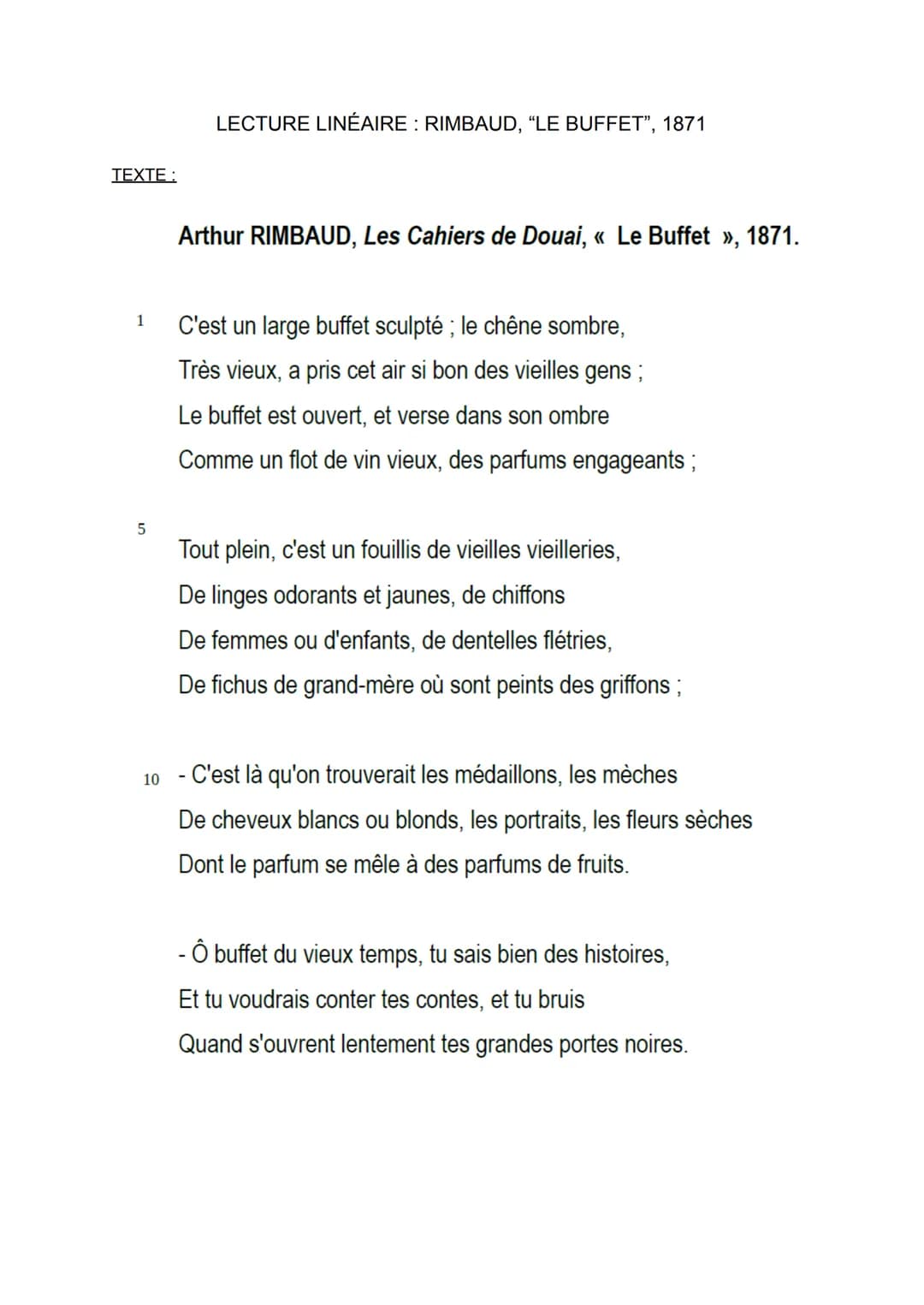 TEXTE :
LECTURE LINÉAIRE: RIMBAUD, "LE BUFFET", 1871
1
5
Arthur RIMBAUD, Les Cahiers de Douai, « Le Buffet », 1871.
C'est un large buffet sc