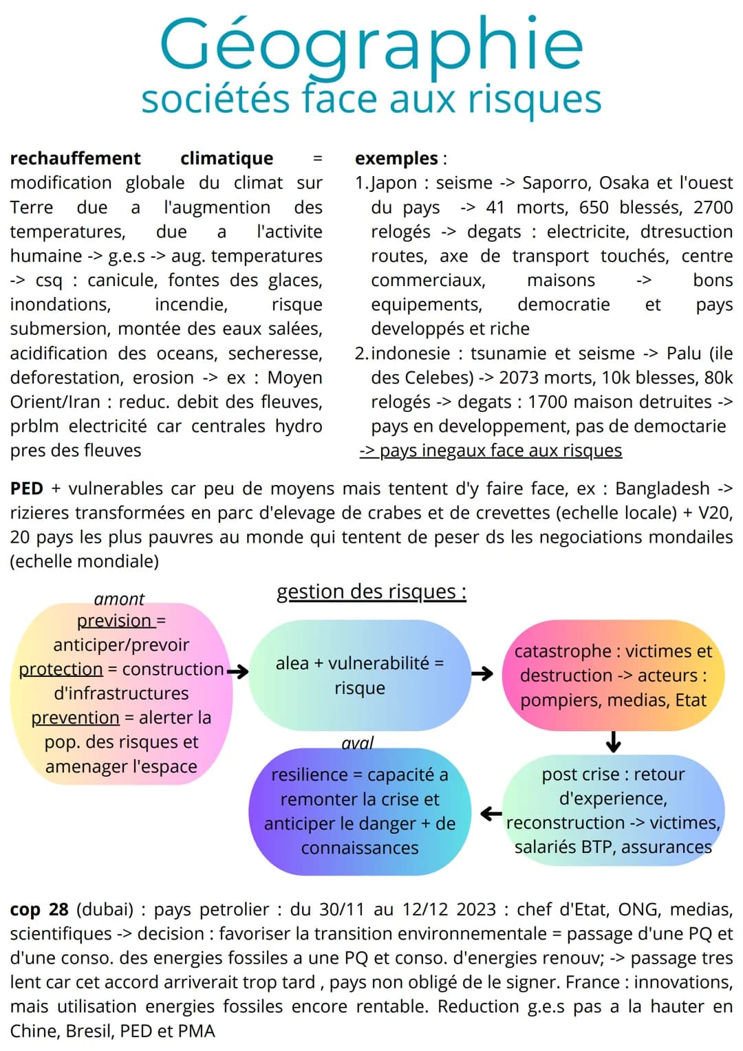 Géographie
sociétés face aux risques
Aléa = facteur naturel a
l'origine d'un risque
(climatique, hydrolique,
tectonique, lithospherique,
hum