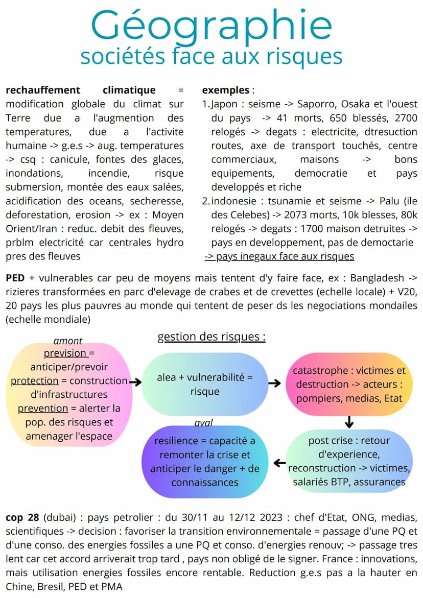 Géographie
sociétés face aux risques
Aléa = facteur naturel a
l'origine d'un risque
(climatique, hydrolique,
tectonique, lithospherique,
hum