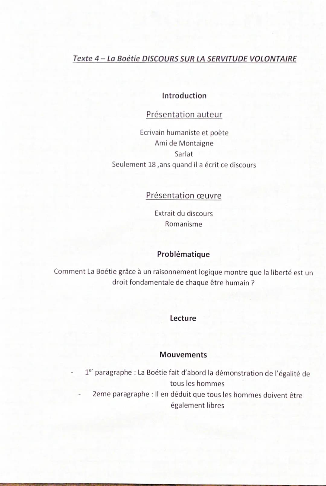Texte 4- La Boétie DISCOURS SUR LA SERVITUDE VOLONTAIRE
Introduction
Présentation auteur
Ecrivain humaniste et poète
Ami de Montaigne
Sarlat