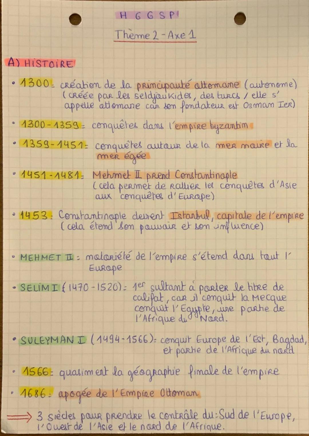 A) HISTOIRE
1300 création de la principauté attomane (autonome)
(CRéée par les seldjoukides, des turcs / elle s'
appelle attomane car son fo