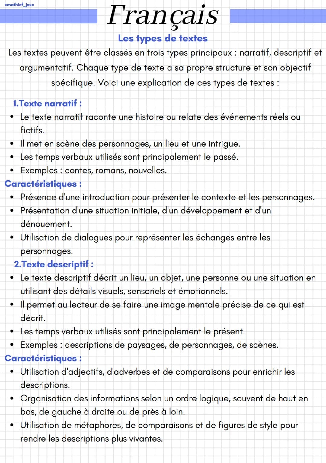 emathisf_jsxc
Français
Les types de textes
Les textes peuvent être classés en trois types principaux : narratif, descriptif et
argumentatif.