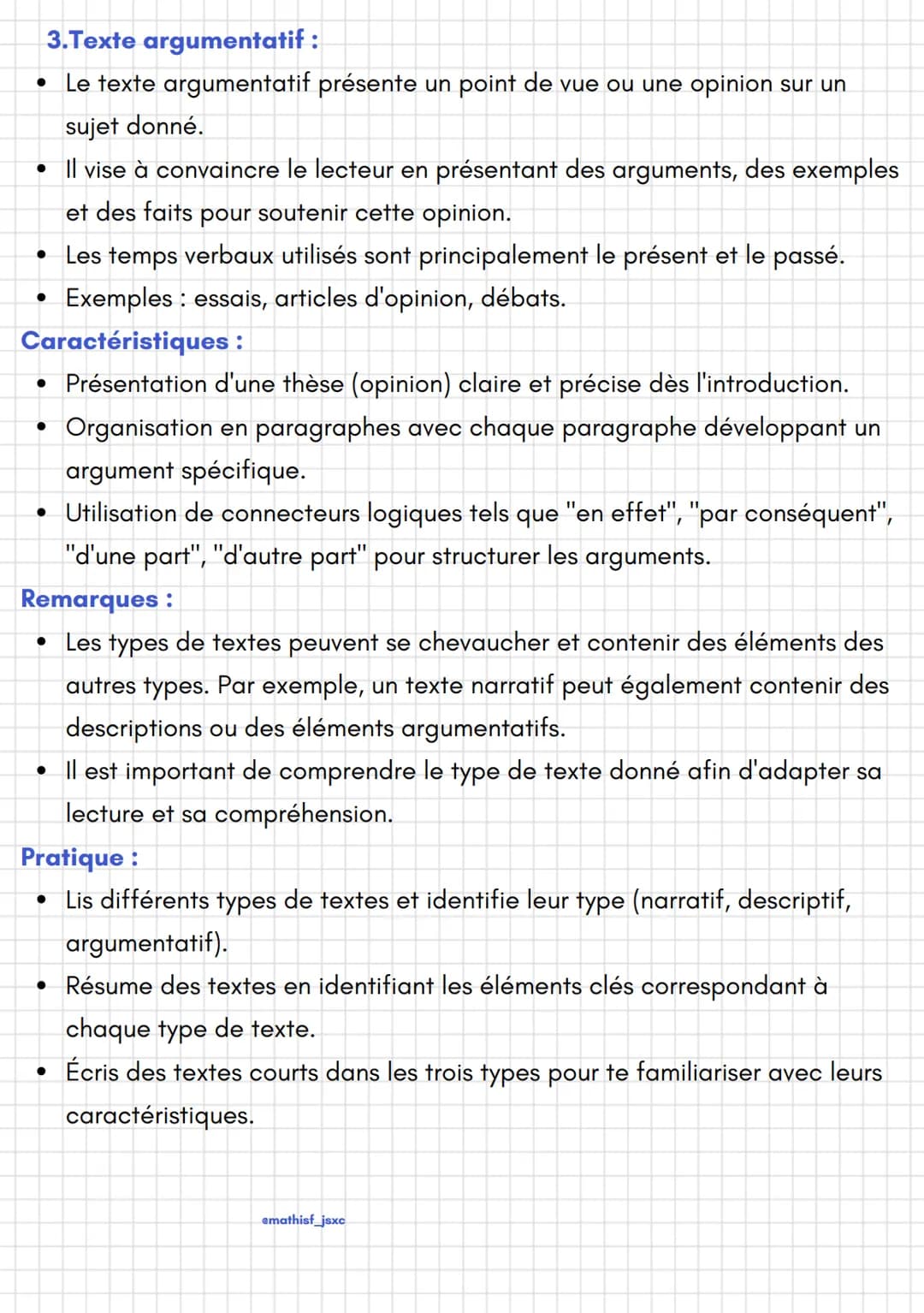 emathisf_jsxc
Français
Les types de textes
Les textes peuvent être classés en trois types principaux : narratif, descriptif et
argumentatif.